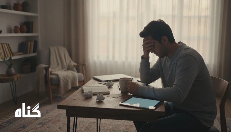 انکار خستگی؛ فردی خسته پشت میز کنار پنجره با فنجان قهوه، نمادی از فرسودگی، بدن و روان و نیاز به استراحت