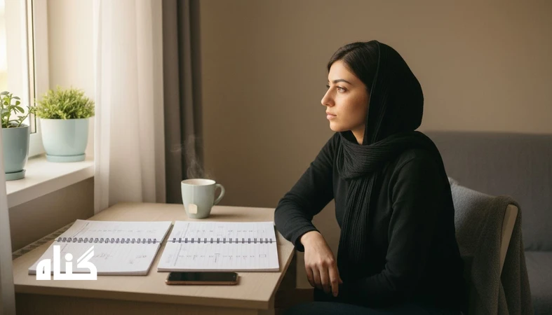 فردی کنار پنجره با دو دفتر باز و گزینه های انتخاب، نماد ترس از انتخاب و امن به نظر رسیدن تصمیم نگرفتن
