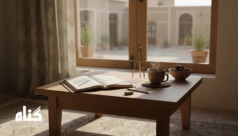 دفترچه یادداشت و یک قطب نما روی میز کنار پنجره؛ نمادی از اشتباهات خوب، خطای سازنده و یادگیری از تجربه