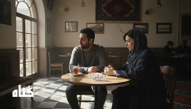تصویر دو نفر در کافه با فاصله احساسی و برچسب کاغذی میان آن‌ها؛ نمادی از برچسب زدن و ایجاد فاصله در روابط انسانی