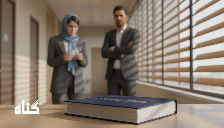 تصویر آرام از محیط کاری با سند قانون و دو نفر در پس زمینه، نماد شکاف قانون و فهم انسانی و اجرای قاعده بدون گفت وگو