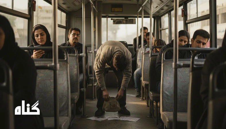 صحنه ای آرام از بی تفاوتی در فضای شهری؛ چند نفر در اتوبوس نگاهشان را برمی گردانند و مفهوم بی تفاوتی و همدلی را نشان می دهد