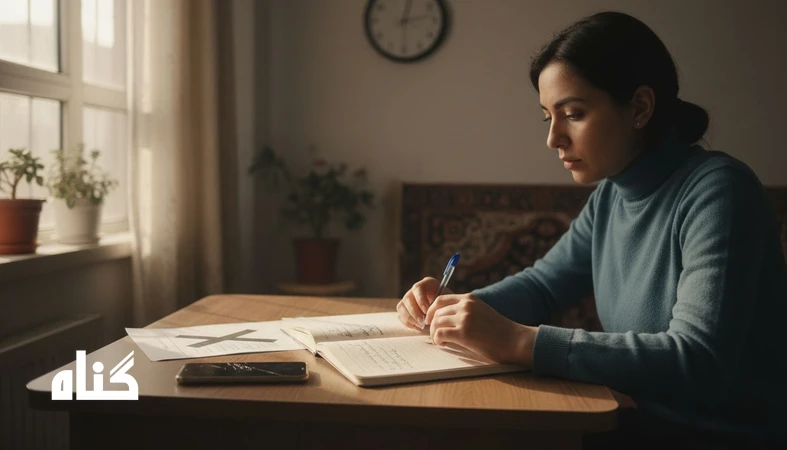 تصویر انسانی و آرام از مکث برای مسئولیت پذیری؛ دست های فردی کنار دفتر کار و گوشی، نماد فرار از مسئولیت، شرم و بازسازی اعتماد