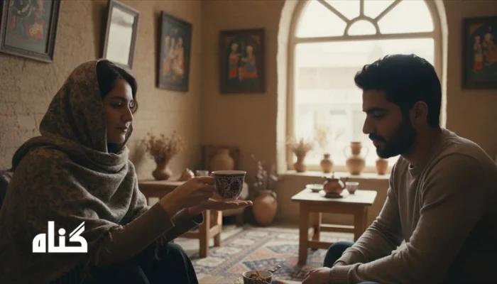 دو نفر در کافه با فضای آرام؛ یکی چای تعارف می کند و دیگری با نگاه مردد، نمادی از حسادت پنهان در لباس دلسوزی
