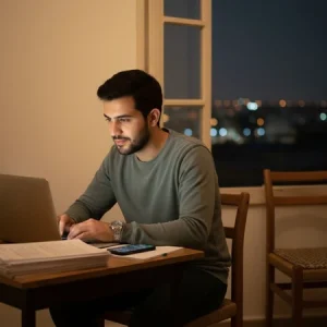 فردی در اتاقی آرام میان لپ تاپ و گوشی، نماد اشتغال دائم و گریز از خلوت با خویشتن