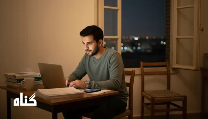 فردی در اتاقی آرام میان لپ تاپ و گوشی، نماد اشتغال دائم و گریز از خلوت با خویشتن