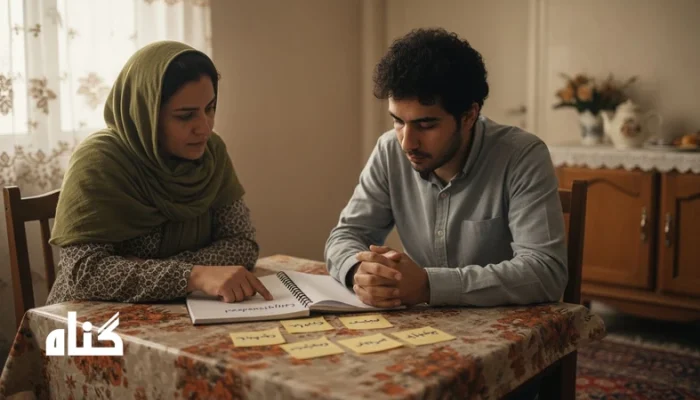 دو نفر پشت میز در حال بحث آرام؛ تصویر مفهوم مقصرسازی و جابه جایی بار مسئولیت در روابط نزدیک